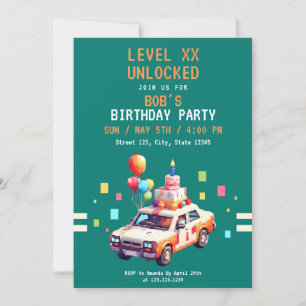 Pixel Teal & Orange Car Gaming Birthday Invitation