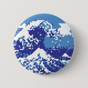 Pixel Tsunami Blue 8 Bit Pixel Art 6 Cm Round Badge