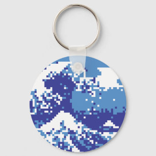 Pixel Tsunami Blue 8 Bit Pixel Art Key Ring