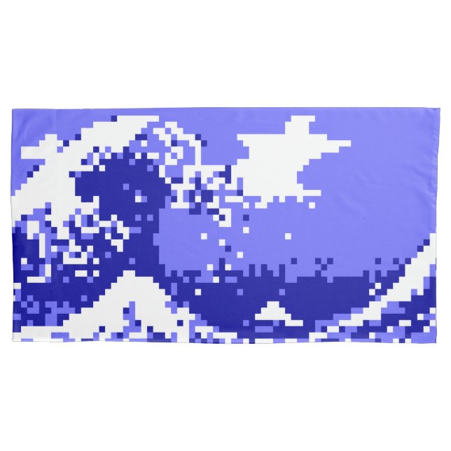 Pixel Tsunami Blue 8 Bit Pixel Art Pillowcase (Front-Left)