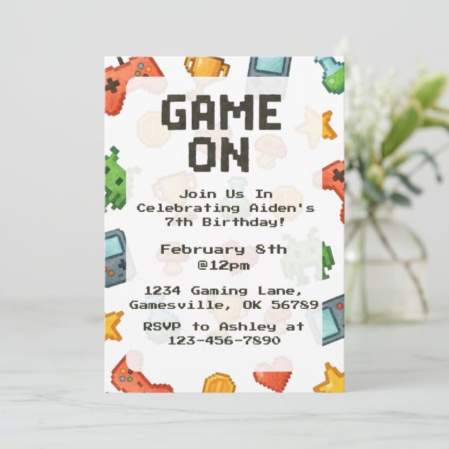 Pixel Watercolor Gaming Birthday Invite (Standing Front)