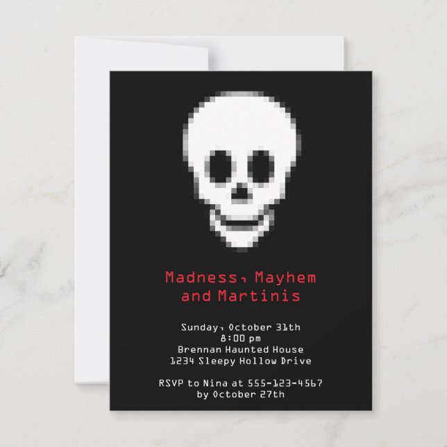 Pixel white skull digital type Halloween party Invitation (Front)