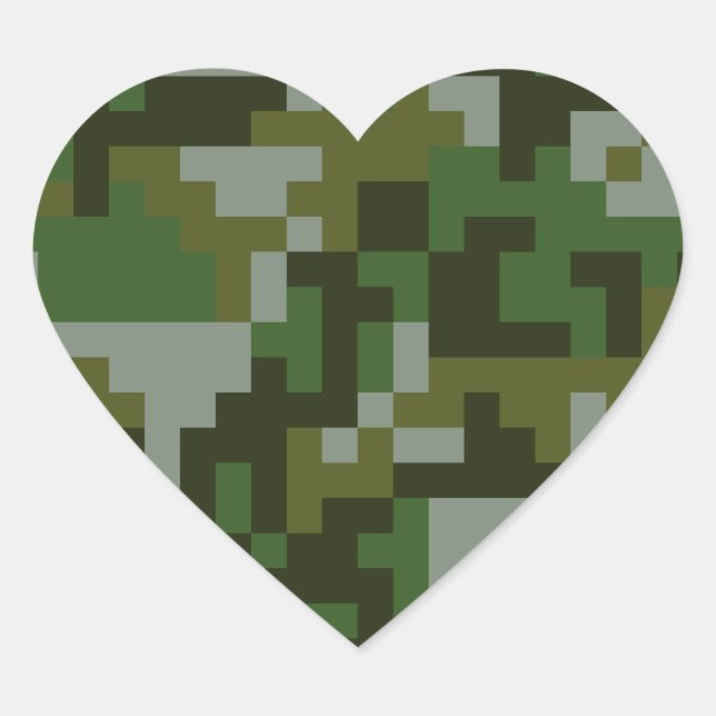Pixel Woodland Camouflage pattern Heart Sticker (Front)