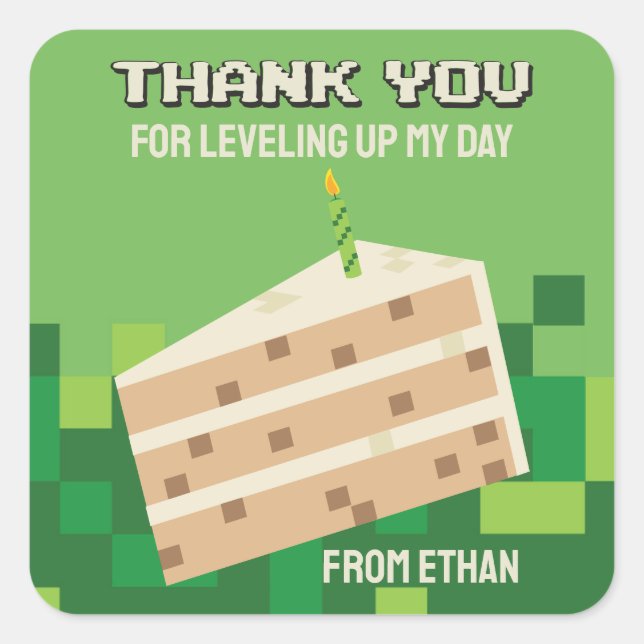 Pixelated Cake Gamer Party Thank You Sticker (Front)