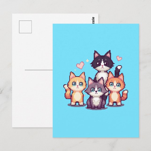 Pixelated Colorful Kitties Green Postcard (Front/Back)