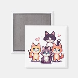 Pixelated Colorful Kitties White Magnet