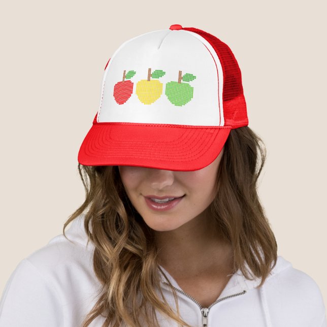 Pixelated colourful apples trucker hat (In Situ)