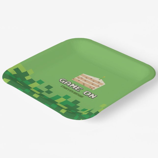 Pixelated Game On Kids Birthday Invitation Paper Plate (Angled)