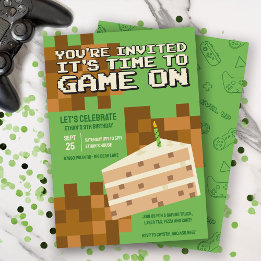 Pixelated Gamer Cake Kids Birthday Invitation
