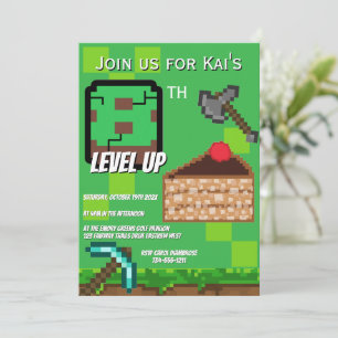 Pixelated Gamer Green Level Up 8th Birthday Invitation