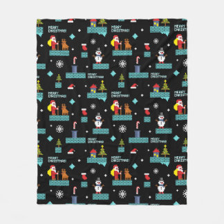 Pixelated Merry Christmas Pattern - Retro Design Fleece Blanket