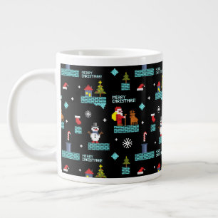 Pixelated Merry Christmas Pattern - Retro Design Large Coffee Mug