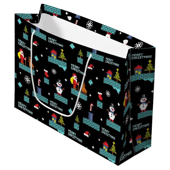 Pixelated Merry Christmas Pattern - Retro Design Large Gift Bag (Front Angled)