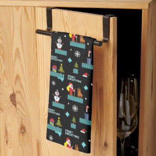 Pixelated Merry Christmas Pattern - Retro Design Tea Towel
