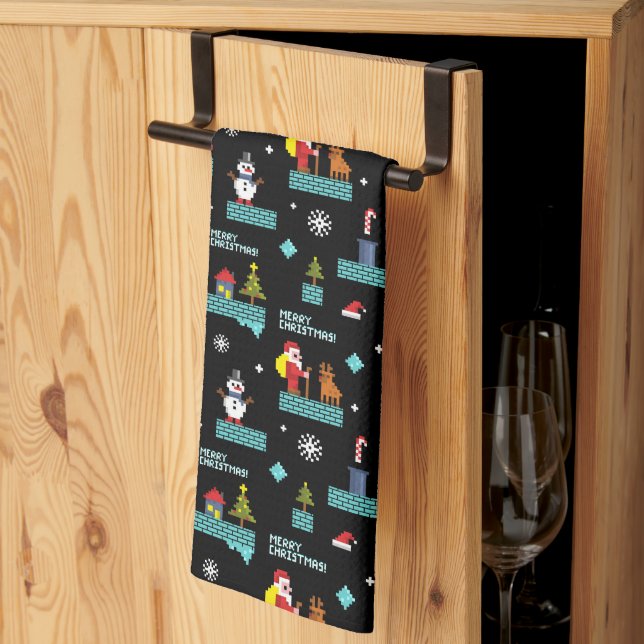 Pixelated Merry Christmas Pattern - Retro Design Tea Towel (Thirds Fold)