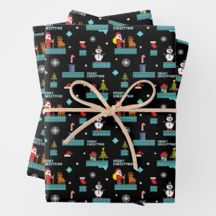 Pixelated Merry Christmas Pattern - Retro Design Wrapping Paper Sheet