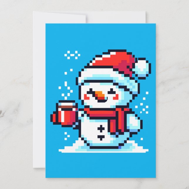 Pixelated Snowman with Coffee - Winter Holiday Art (Front)
