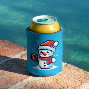 Pixelated Snowman with Coffee - Winter Holiday Art Can Cooler