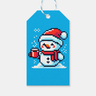 Pixelated Snowman with Coffee - Winter Holiday Art Gift Tags