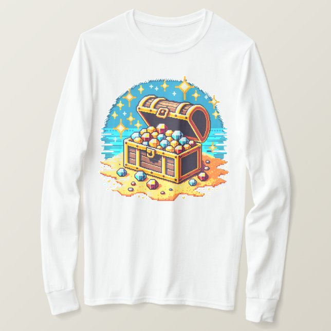 Pixelated Treasure Chest: 8-Bit Gold & Jewels T-Shirt (Design Front)