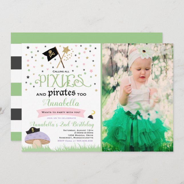 Pixie And Pirate Birthday Invitation Fairy Pirate (Front/Back)