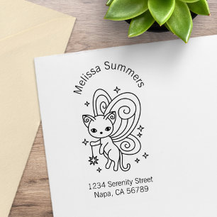 Pixie Cat - Fairy Wings Kitty Address Rubber Stamp