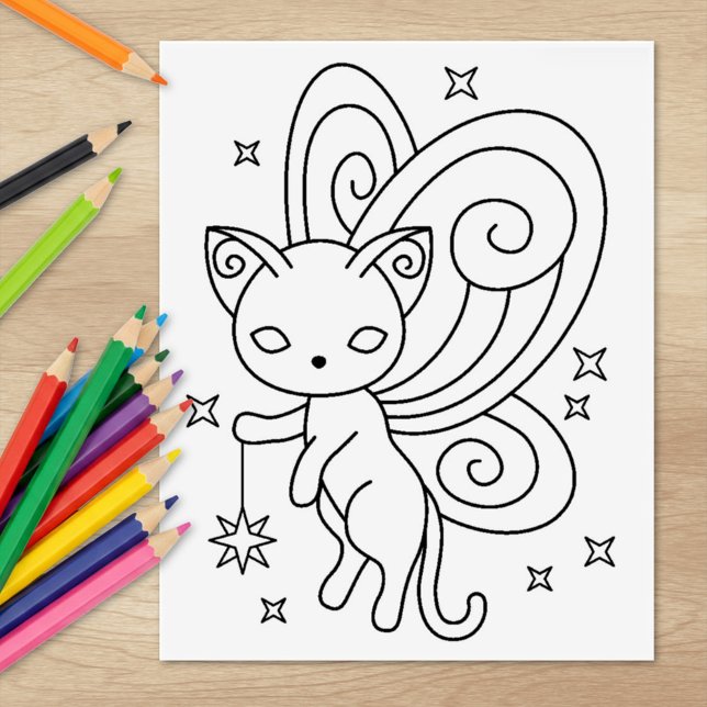 Pixie Cat - Fairy Wings Kitty Colouring Page Rubber Stamp (Creator Uploaded)