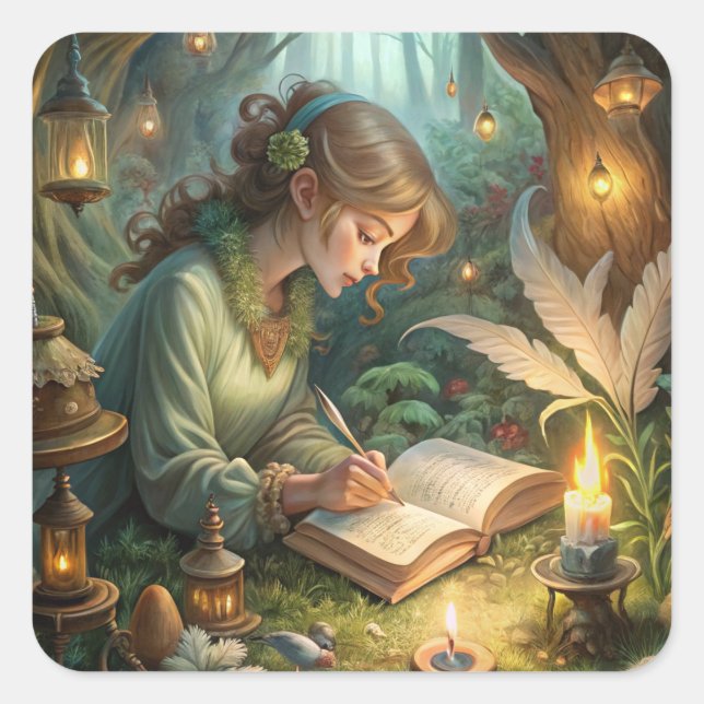 Pixie Girl Writing Square Sticker (Front)