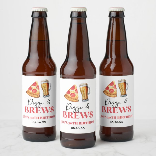 Pizza and Brews Beer Glass Birthday Party Bottle Label (Bottles)