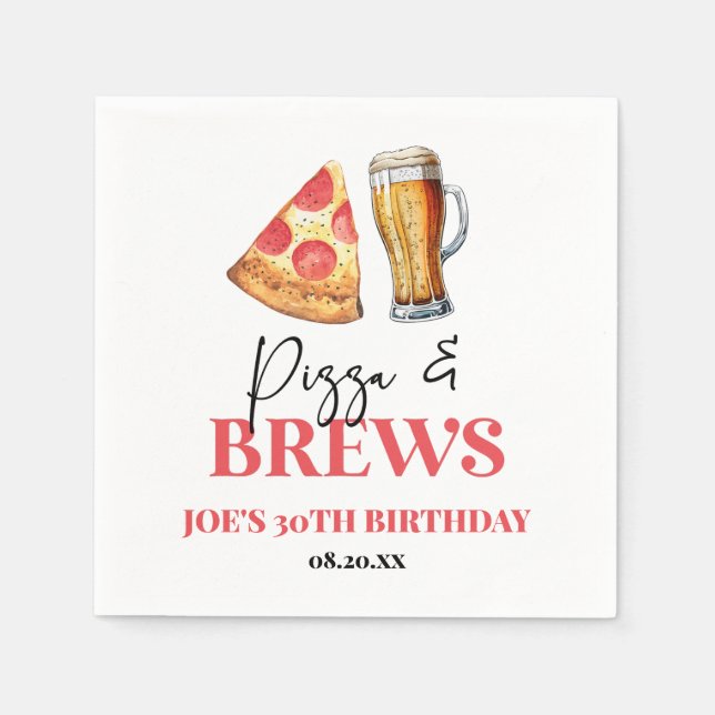 Pizza and Brews Beer Glass Birthday Party Napkin (Front)