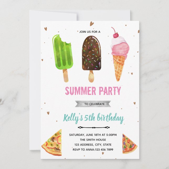 Pizza and ice cream birthday invitation (Front)