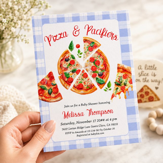 Pizza and Pacifiers Boy Blue Gingham Baby Shower Invitation (Creator Uploaded)