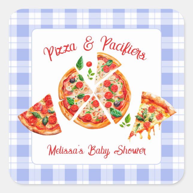 Pizza and Pacifiers Boy Blue Gingham Baby Shower Square Sticker (Front)