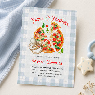 Pizza and Pacifiers Party Blue Boy Baby Shower Invitation