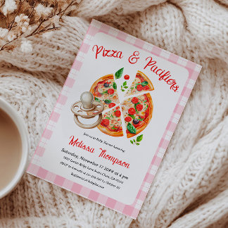 Pizza and Pacifiers Party Pink Plaid Baby Shower Invitation