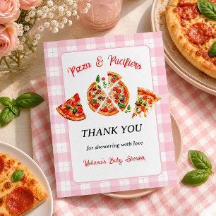 Pizza and Pacifiers Pink Gingham Baby Shower Party Thank You Card