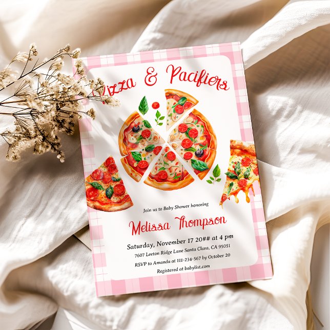Pizza and Pacifiers Pink Plaid Baby Shower Party Invitation (Creator Uploaded)