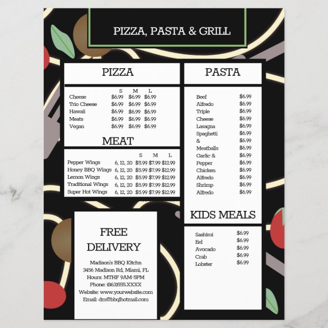 Pizza and Pasta Grill Restaurant Spaghetti Menu (Front)