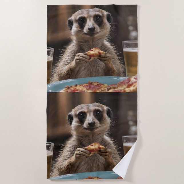 "Pizza and Pints: A Meerkat’s Perfect Snack Break" Beach Towel (Front)