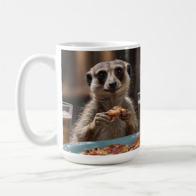 "Pizza and Pints: A Meerkat’s Perfect Snack Break" Coffee Mug (Left)