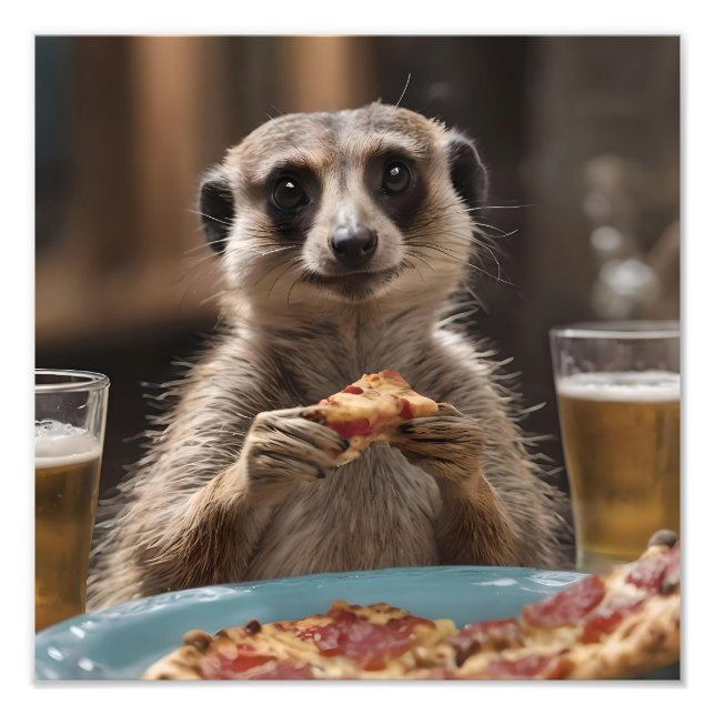 "Pizza and Pints: A Meerkat’s Perfect Snack Break" Photo Print (Front)
