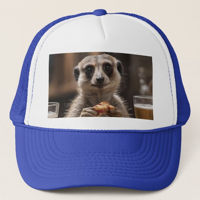 "Pizza and Pints: A Meerkat’s Perfect Snack Break" Trucker Hat (Front)