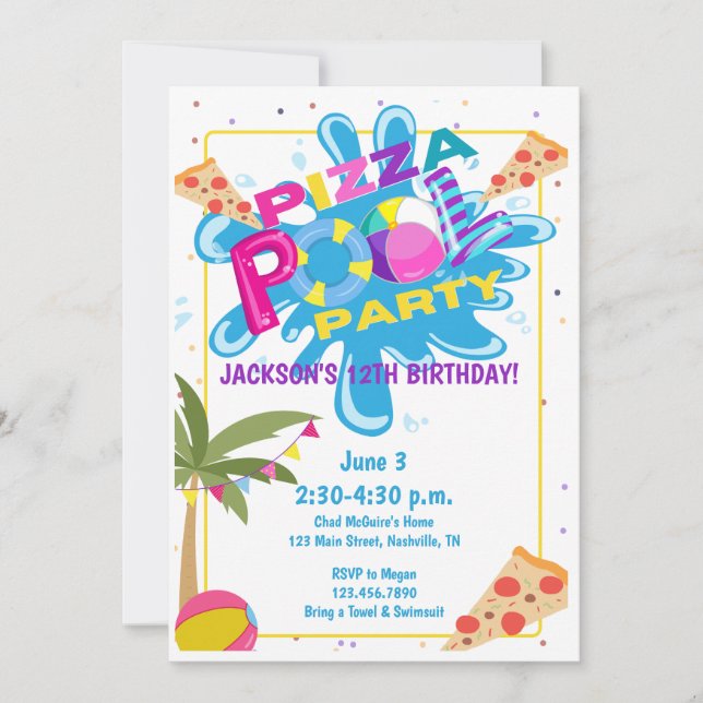 Pizza and Pool Party Birthday Celebration Invitation (Front)