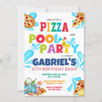 Pizza and Pool Party Swimming Birthday Invitation