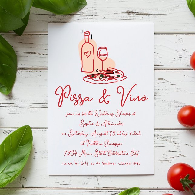 Pizza and Vino Whimsical Hand Drawn Wedding Shower Invitation (Creator Uploaded)