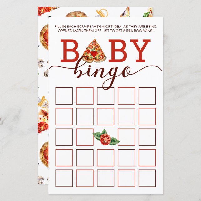 Pizza Baby Shower Bingo Game Card | Party Activity (Front/Back)