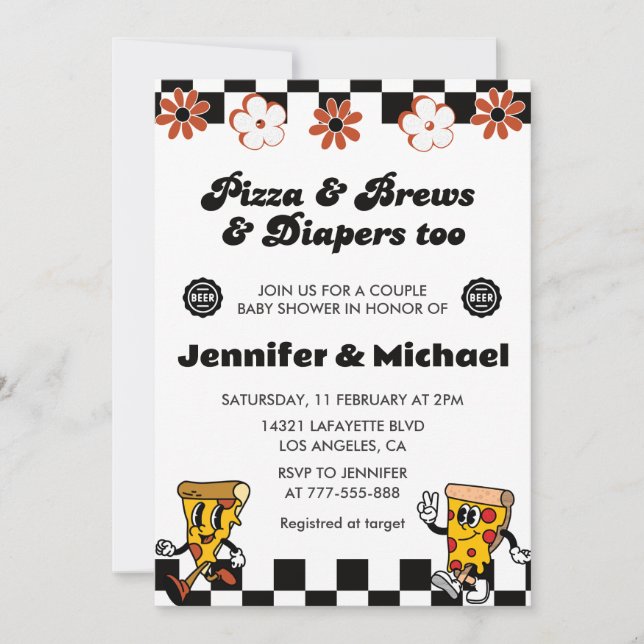 Pizza Baby Shower Invitations Pizza Beer Diapers (Front)