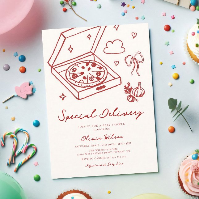Pizza Baby Shower Special Delivery Red Invitation (Creator Uploaded)