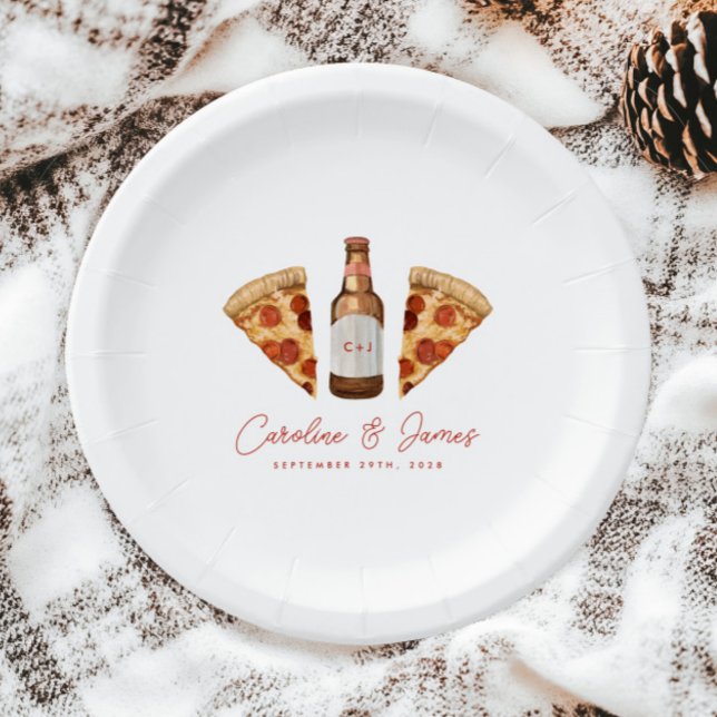 Pizza & Beer Casual Couples Wedding Bridal Shower Paper Plate (Creator Uploaded)