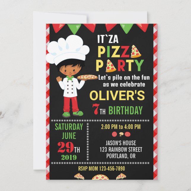 Pizza birthday invitation Little chef boy (Front)